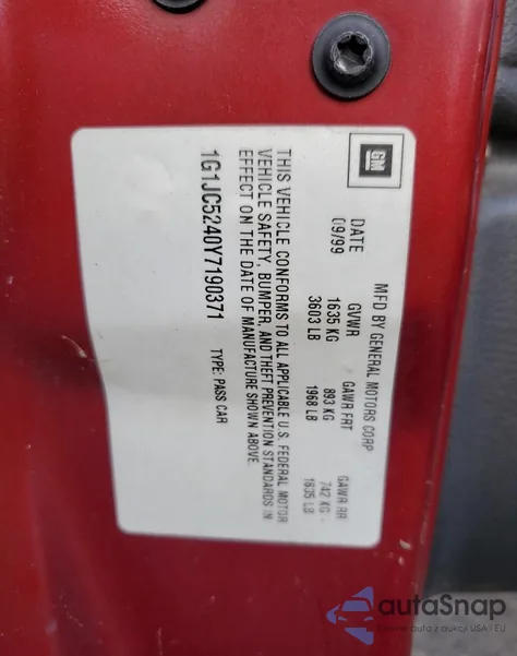 2000 Chevrolet Cavalier from USA, damaged, VIN 1G1JC5240Y7190371